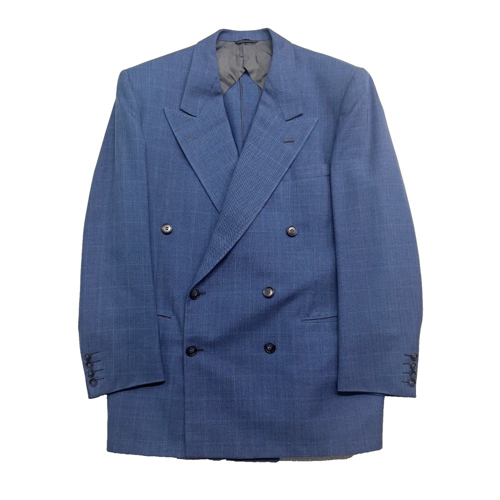 vtg 1950s Blue Windowpane 42R Double Breasted Blazer Jacket Sport Coat USA Wool